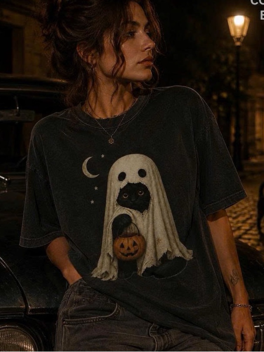 Gildan Black Halloween Ghost Cat Graphic Tee - Women